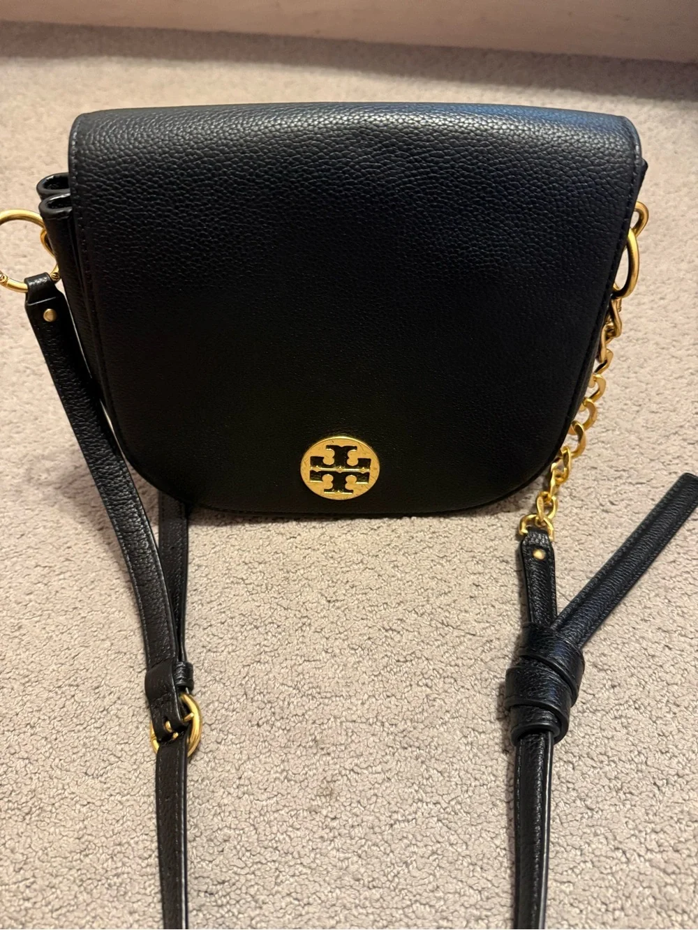 Tory Burch Black Leather Crossbody with Gold Logo Medallion